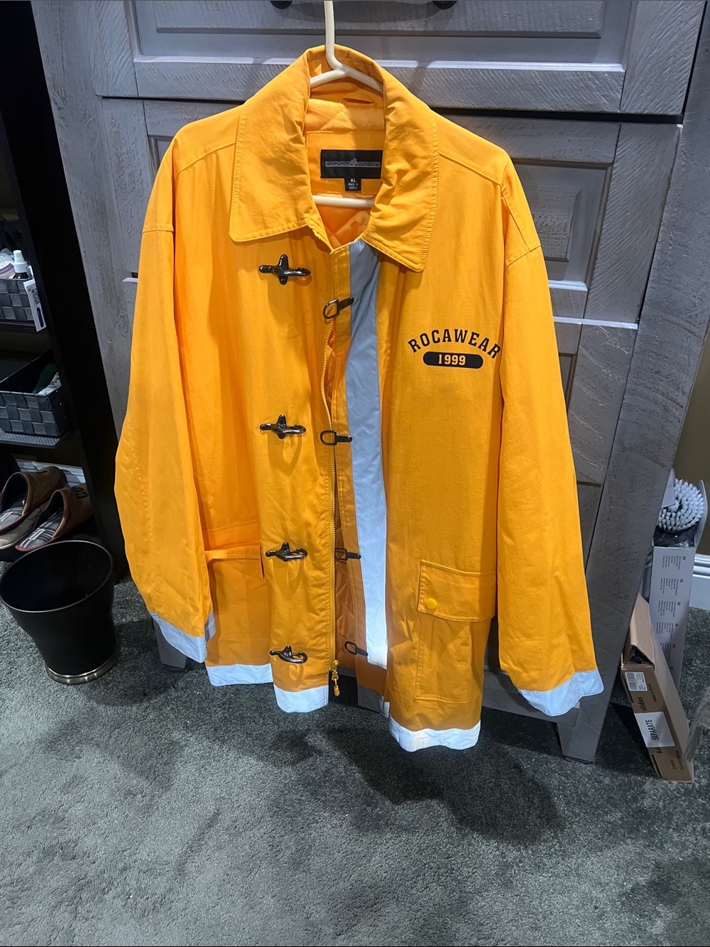 Rocawear Men's Bright Yellow Toggle Raincoat with White Trim